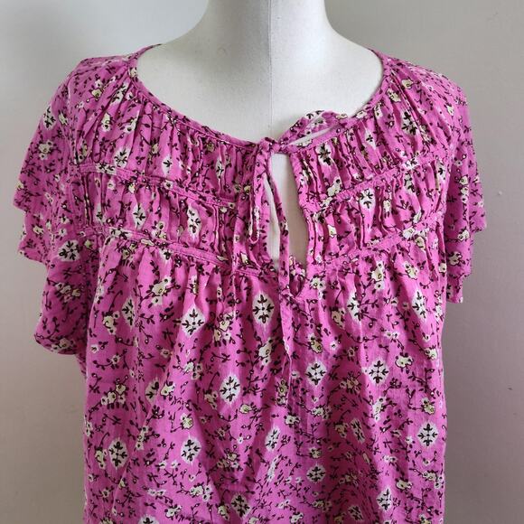 Lane Bryant Shirt Womens Plus Size 24 Pink Floral Flutter Sleeve Tie Neck Boho - Picture 4 of 15